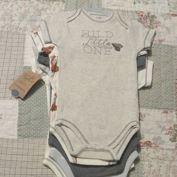 Fox Themed Organic Cotton White and Gray Baby 5 Pc Bodysuit Set - Picture 13 of 17